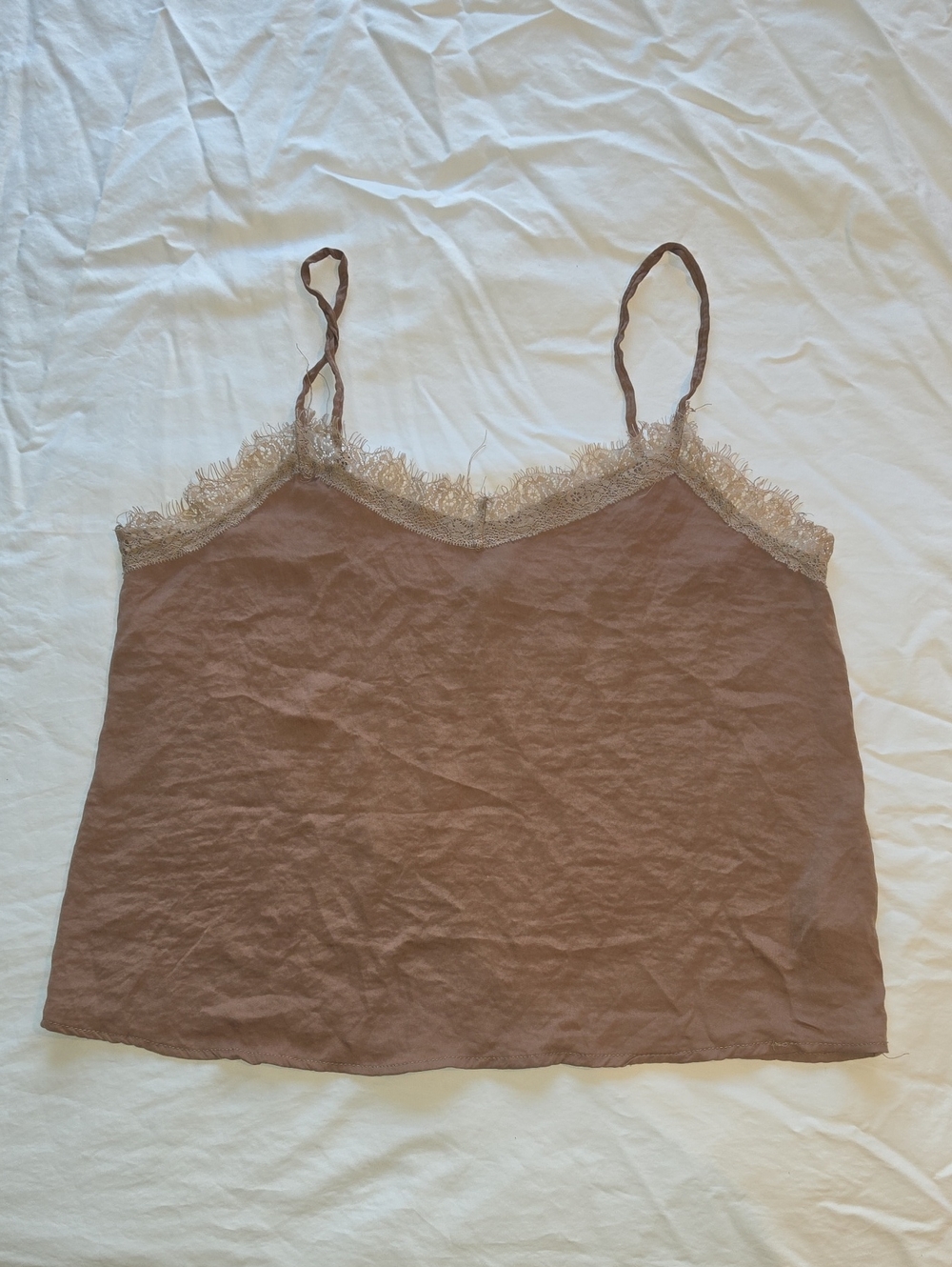 Taupe Brown Lace-Trim Satin Cami Camisole Spaghetti Adjustable Strap Top Medium